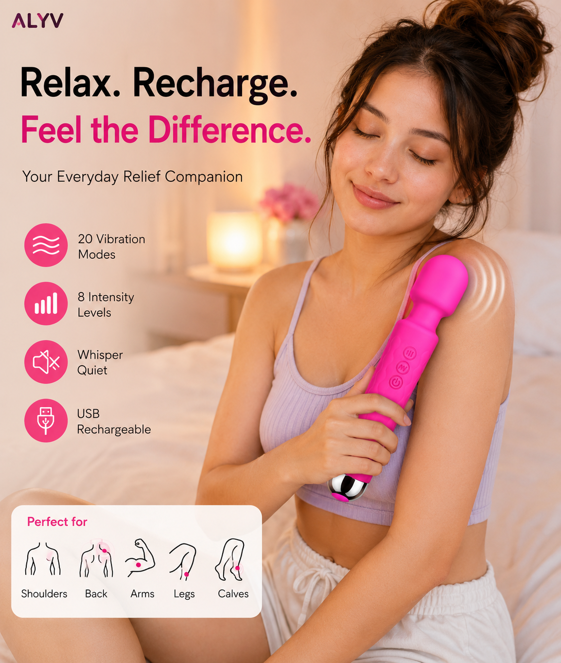 ALYV Rechargeable Full Body Massager for Women & Men | Cordless Electric Handheld Body Massager with Multiple Vibration Modes | Waterproof  Body Massager | Pink