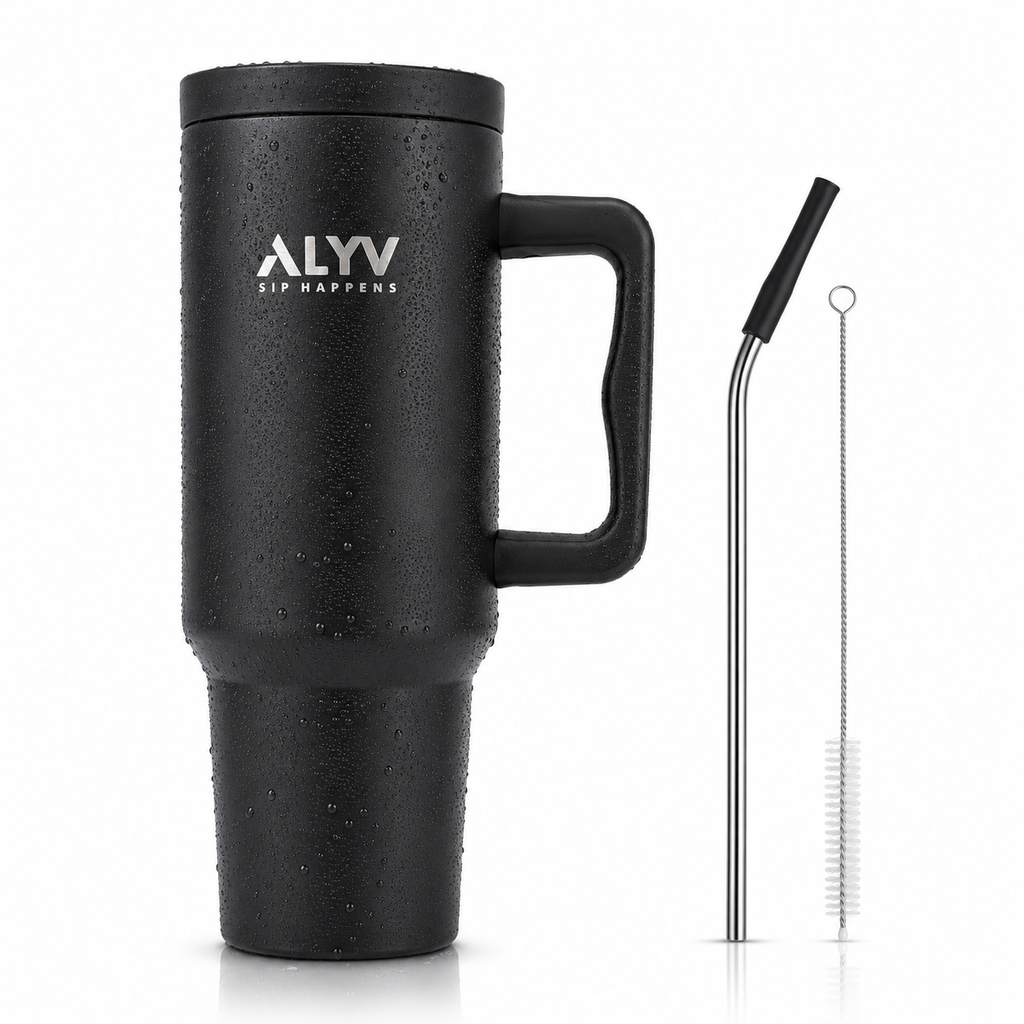 ALYV 1200ml Insulated Travel Tumbler with Handle & Steel Straw - Black