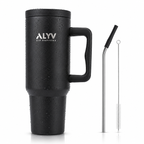 ALYV 1200ml Insulated Travel Tumbler with Handle & Steel Straw - Black