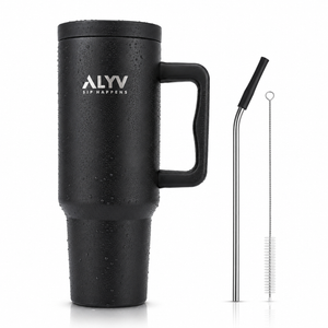 ALYV 1200ml Insulated Travel Tumbler with Handle & Steel Straw - Black