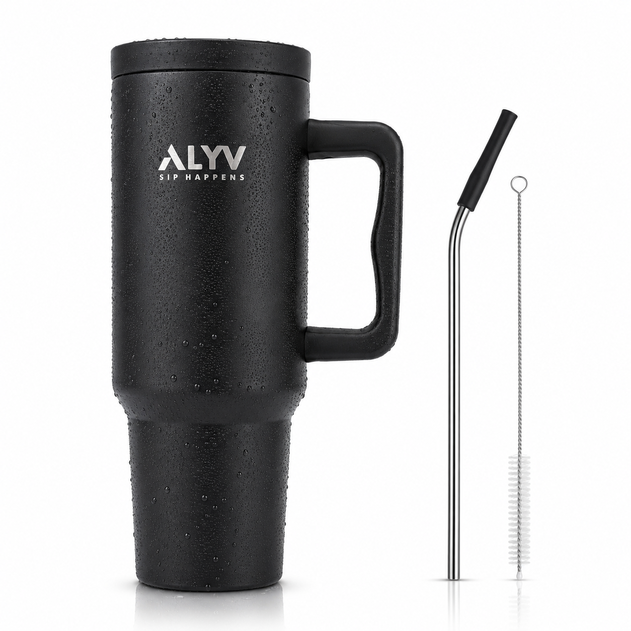 ALYV 1200ml Insulated Travel Tumbler with Handle & Steel Straw - Black