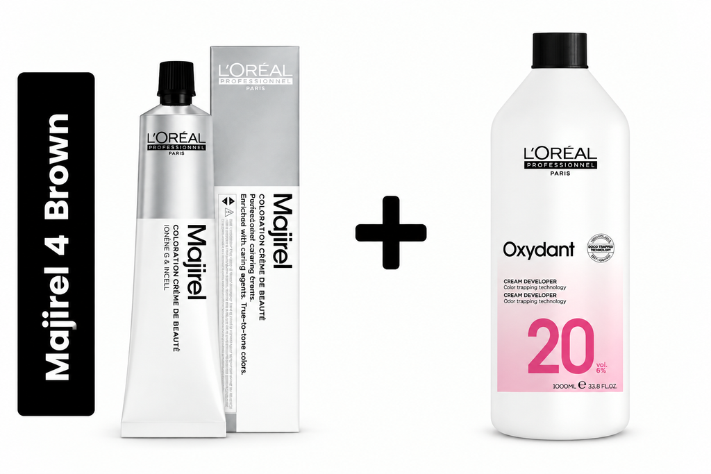 Loreal Majirel Hair Color 60ml Shade 4 Brown + Developer 1000ml Combo