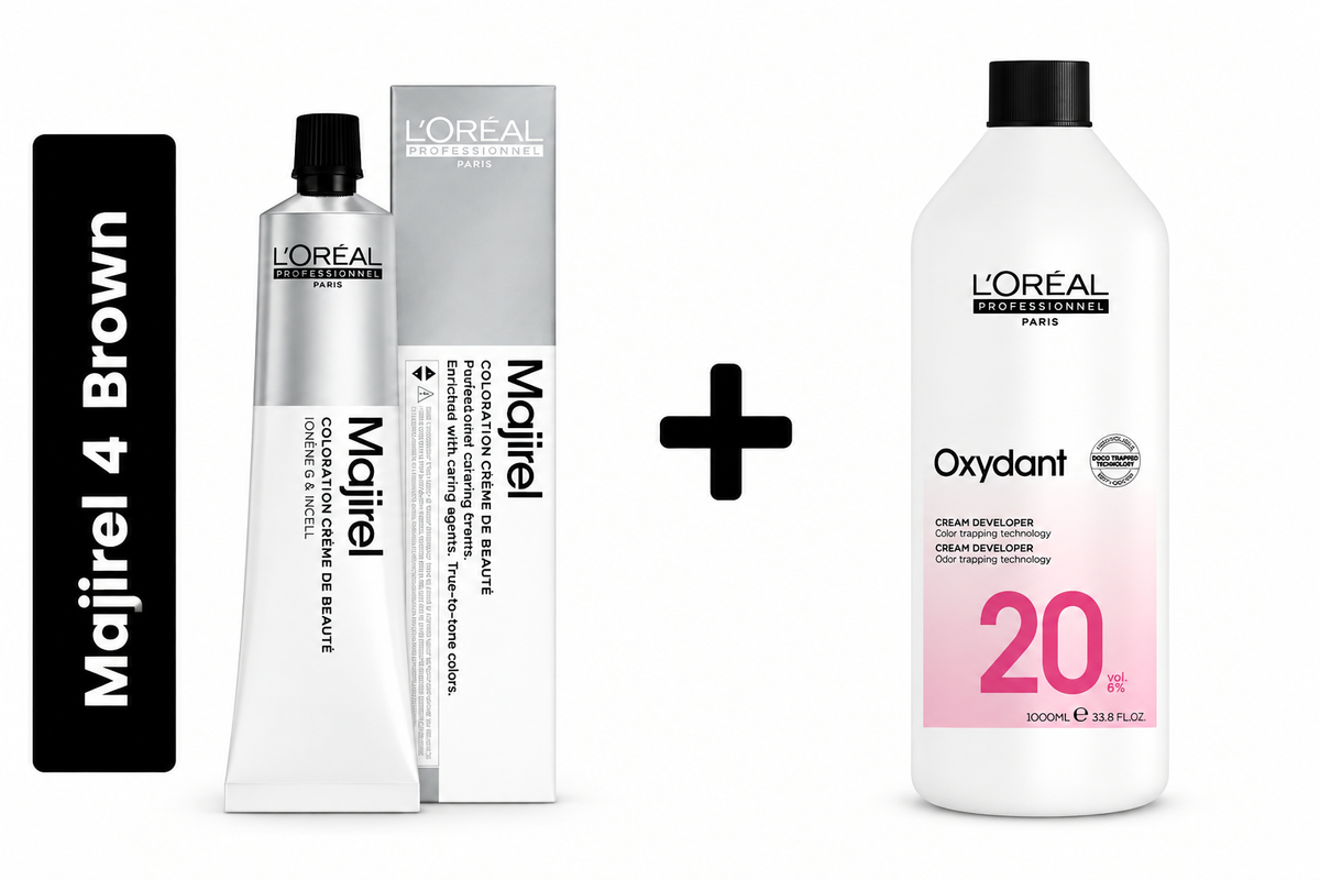 Loreal Majirel Hair Color 60ml Shade 4 Brown + Developer 1000ml Combo