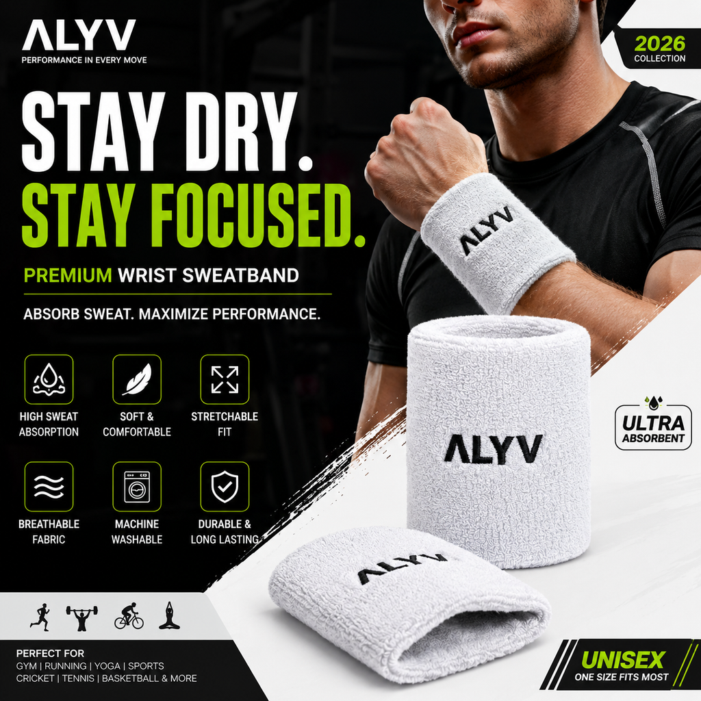 ALYV Sports Wrist Sweatband for Men & Women | White | Set of 2