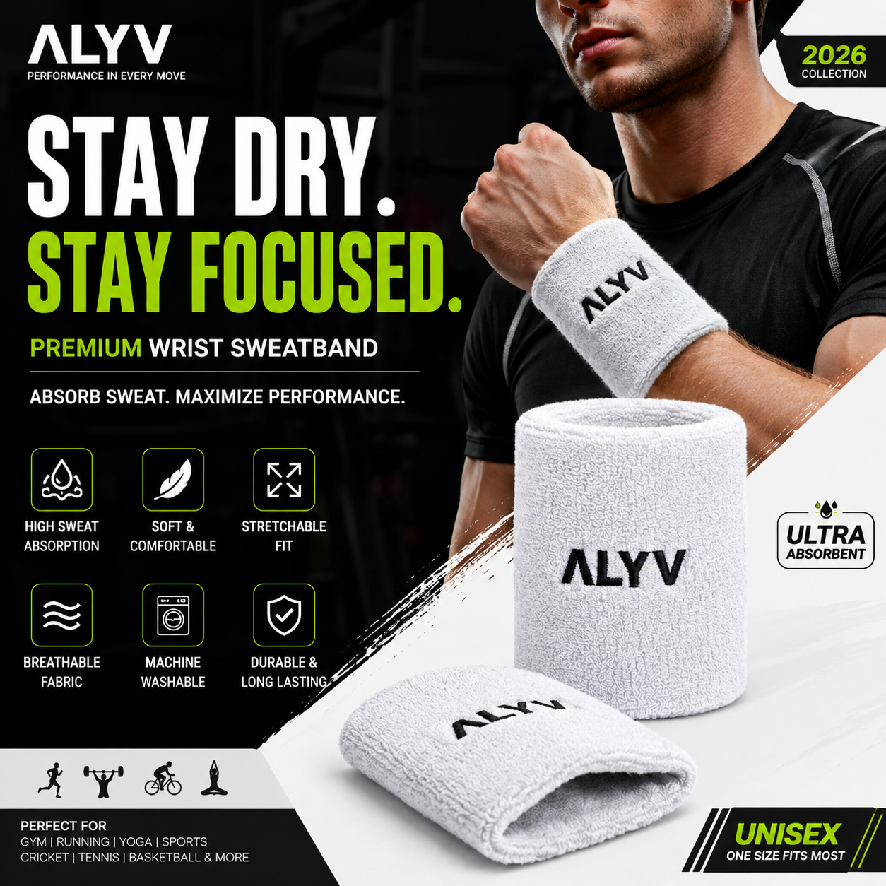 ALYV Sports Wrist Sweatband for Men & Women | White | Set of 2