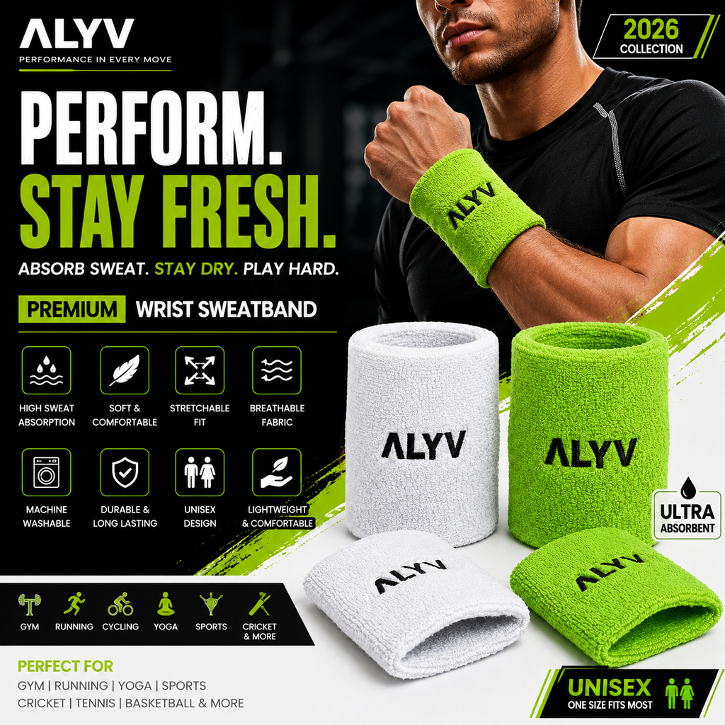 ALYV Sports Wrist Sweatband for Men & Women | White & Green | Set of 4