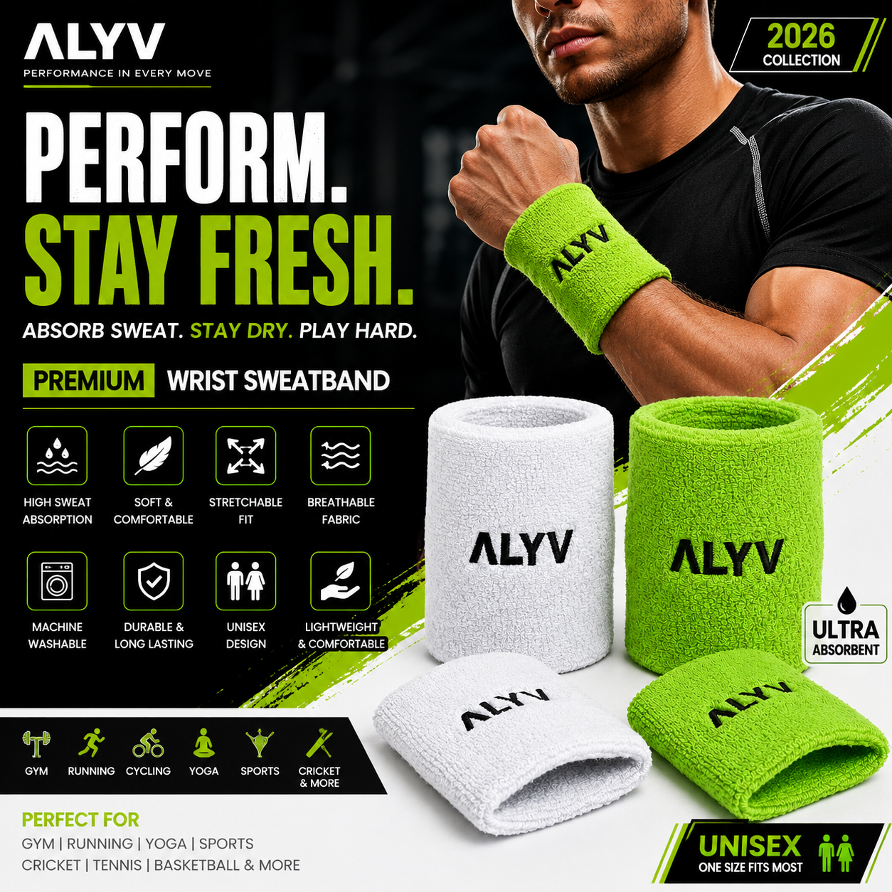ALYV Sports Wrist Sweatband for Men & Women | White & Green | Set of 4