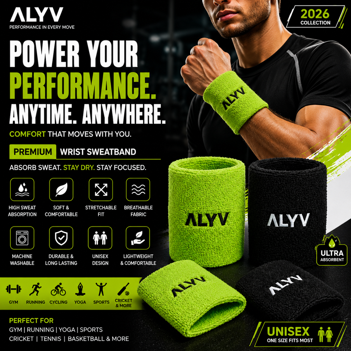 ALYV Sports Wrist Sweatband for Men & Women | Green & Black | Set of 4