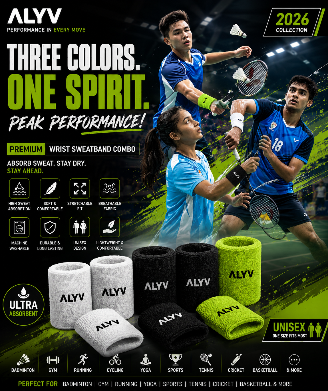 ALYV Sports Wrist Sweatband- pack of 3 green, Black, White