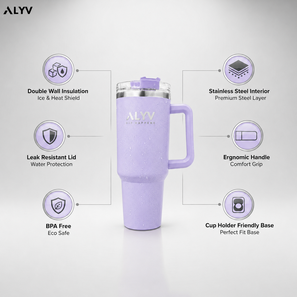 ALYV 1200ml (40oz) Insulated Tumbler with Handle & Straw - Lavender
