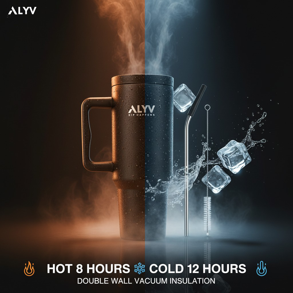 ALYV 1200ml Insulated Travel Tumbler with Handle & Steel Straw - Black