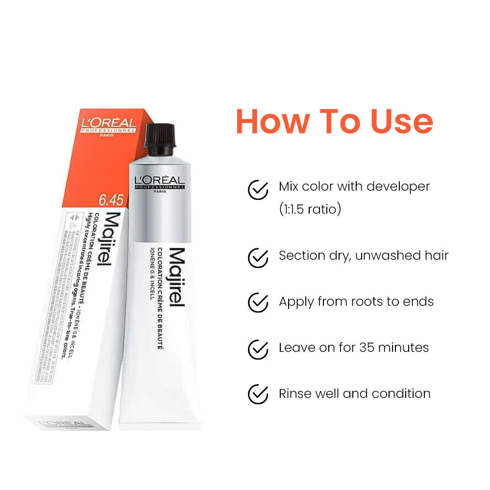 Loreal Majirel Hair Color Shade 6.45 Dark Copper Mahogany Blond + 20Vol Developer 1000ml Combo