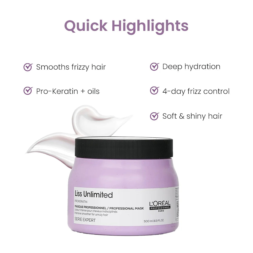 Loreal Paris Paris Professionnel Liss Unlimited Shampoo 1.5Ltr + Liss Unlimited Masque 490gm Combo