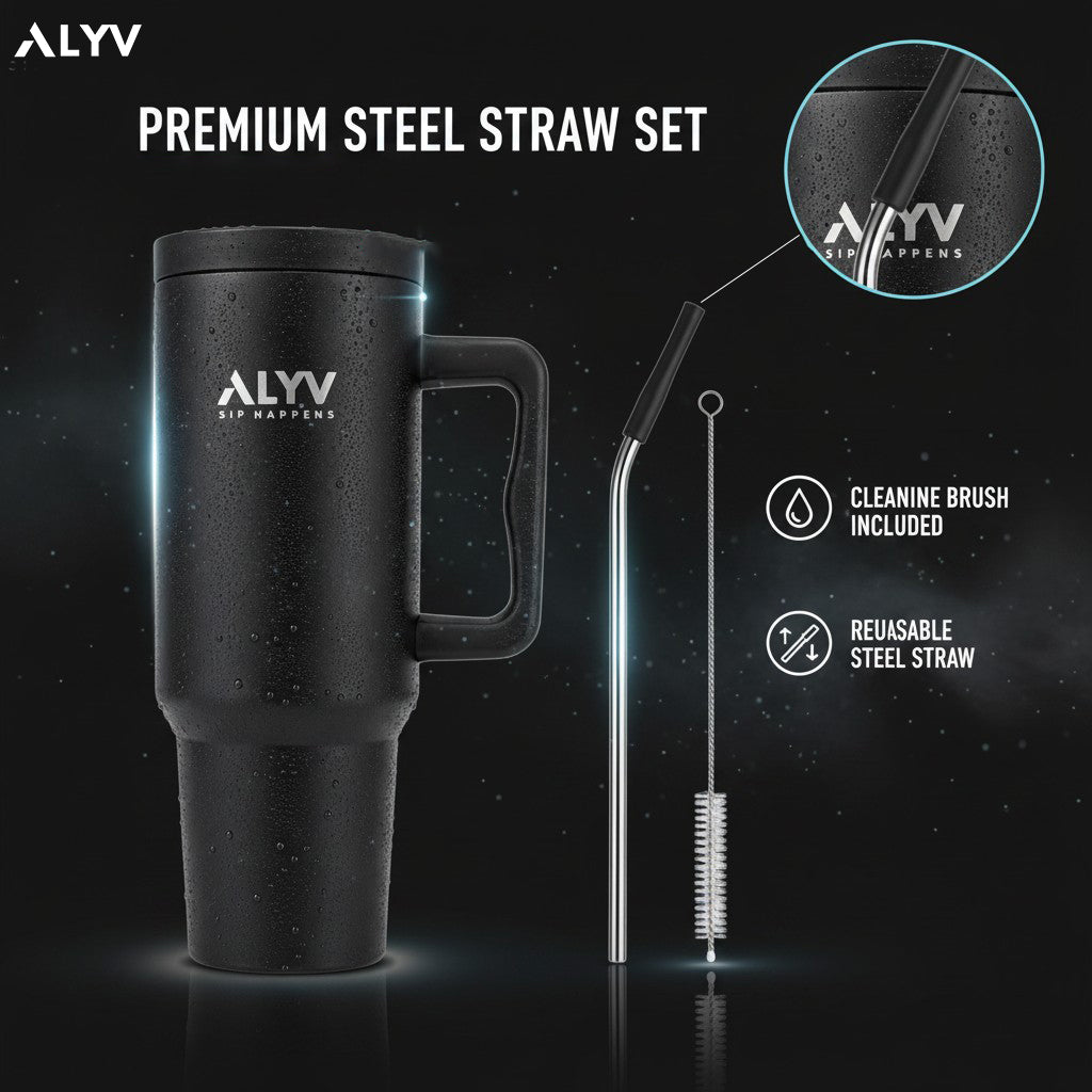 ALYV 1200ml Insulated Travel Tumbler with Handle & Steel Straw - Black