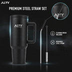ALYV 1200ml Insulated Travel Tumbler with Handle & Steel Straw - Black