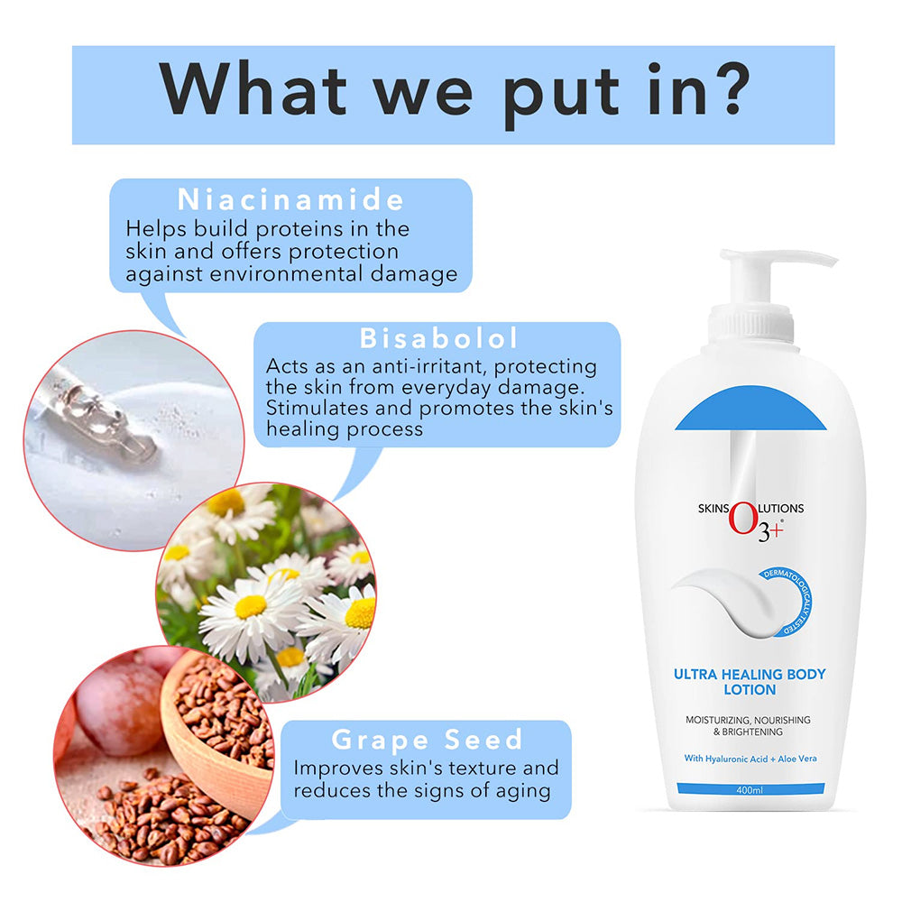 O3+ Ultra Healing Brightening Body Lotion Moisturiser With Hyaluronic Acid & Aloe Vera(400Ml)