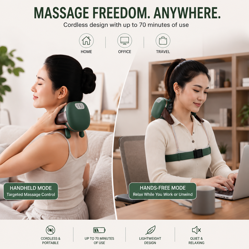 ALYV Cordless Heated Neck & Back Massager, Wireless 4D Shiatsu Bionic Hand Massager with Deep Kneading, 3 Speed Levels & 2 Heat Settings, Adjustable Hands-Free Strap, Portable Massager for Neck, Shoulders & Back