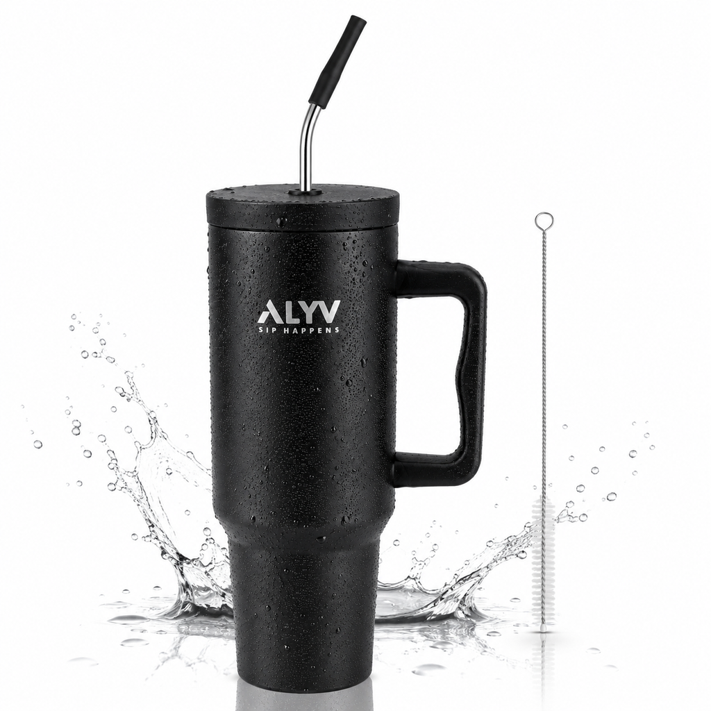 ALYV 1200ml Insulated Travel Tumbler with Handle & Steel Straw - Black