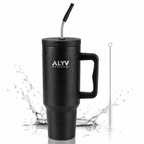 ALYV 1200ml Insulated Travel Tumbler with Handle & Steel Straw - Black