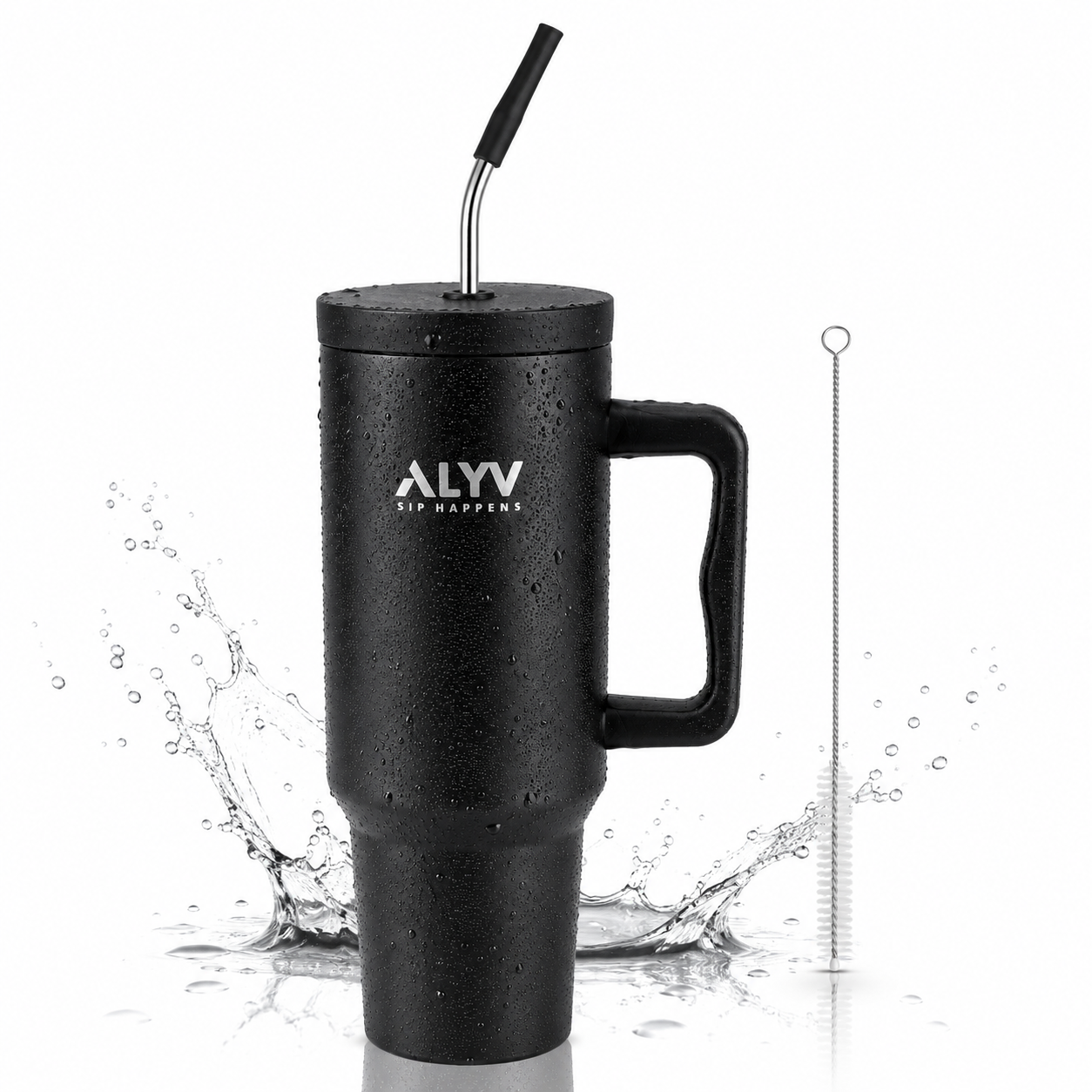 ALYV 1200ml Insulated Travel Tumbler with Handle & Steel Straw - Black