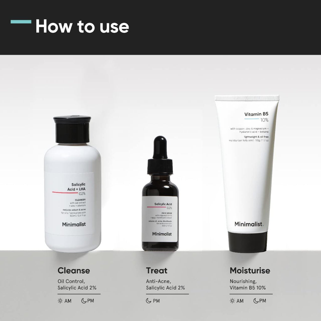 Minimalist Anti-Acne Kit, Skincare Routine Kit for Unisex, Salicylic Acid Face Wash, Vitamin B5 Moisturizer, and Salicylic Acid Serum Combo