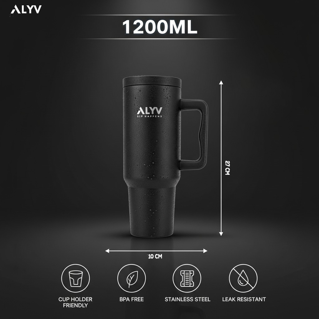ALYV 1200ml Insulated Travel Tumbler with Handle & Steel Straw - Black