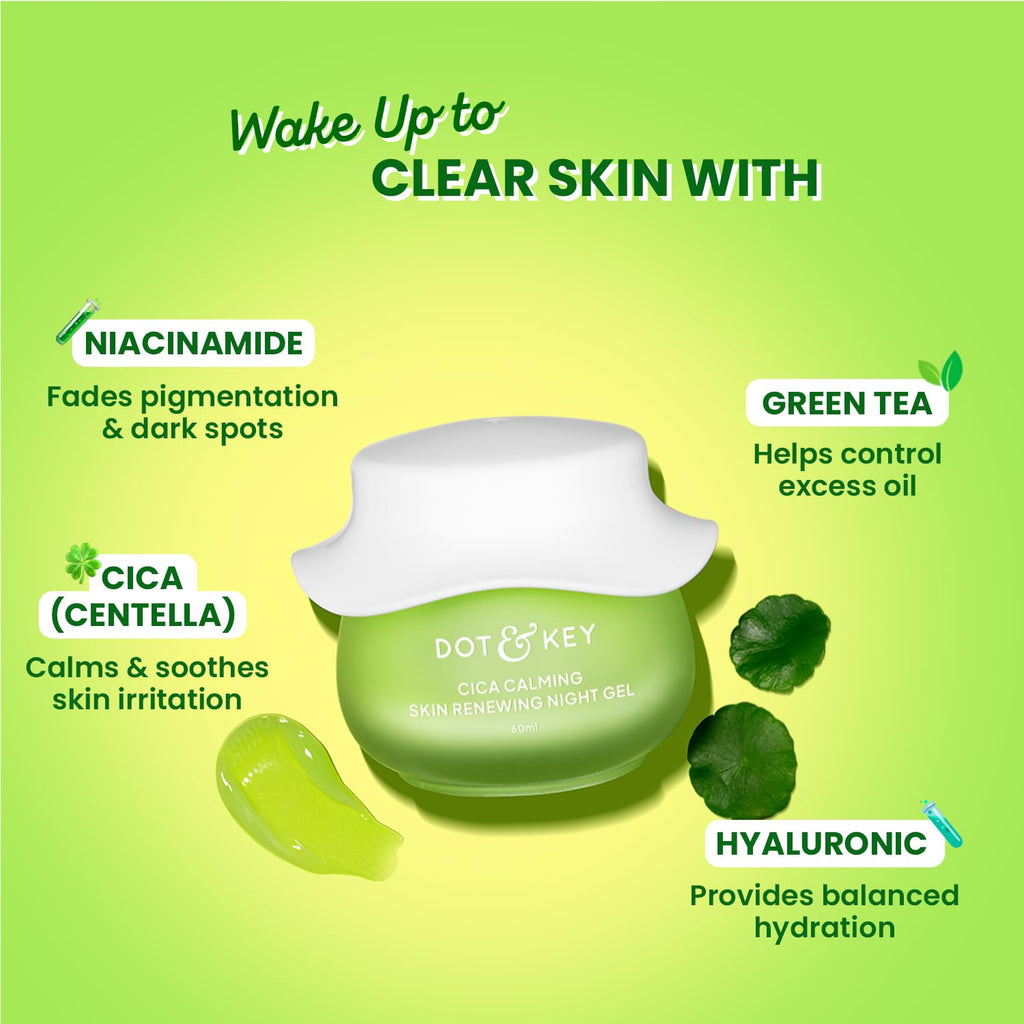 Dot & Key Cica Calming Skincare Combo | Cleanser 100ml, Serum 30ml, Night Gel 60ml, Sunscreen 50g
