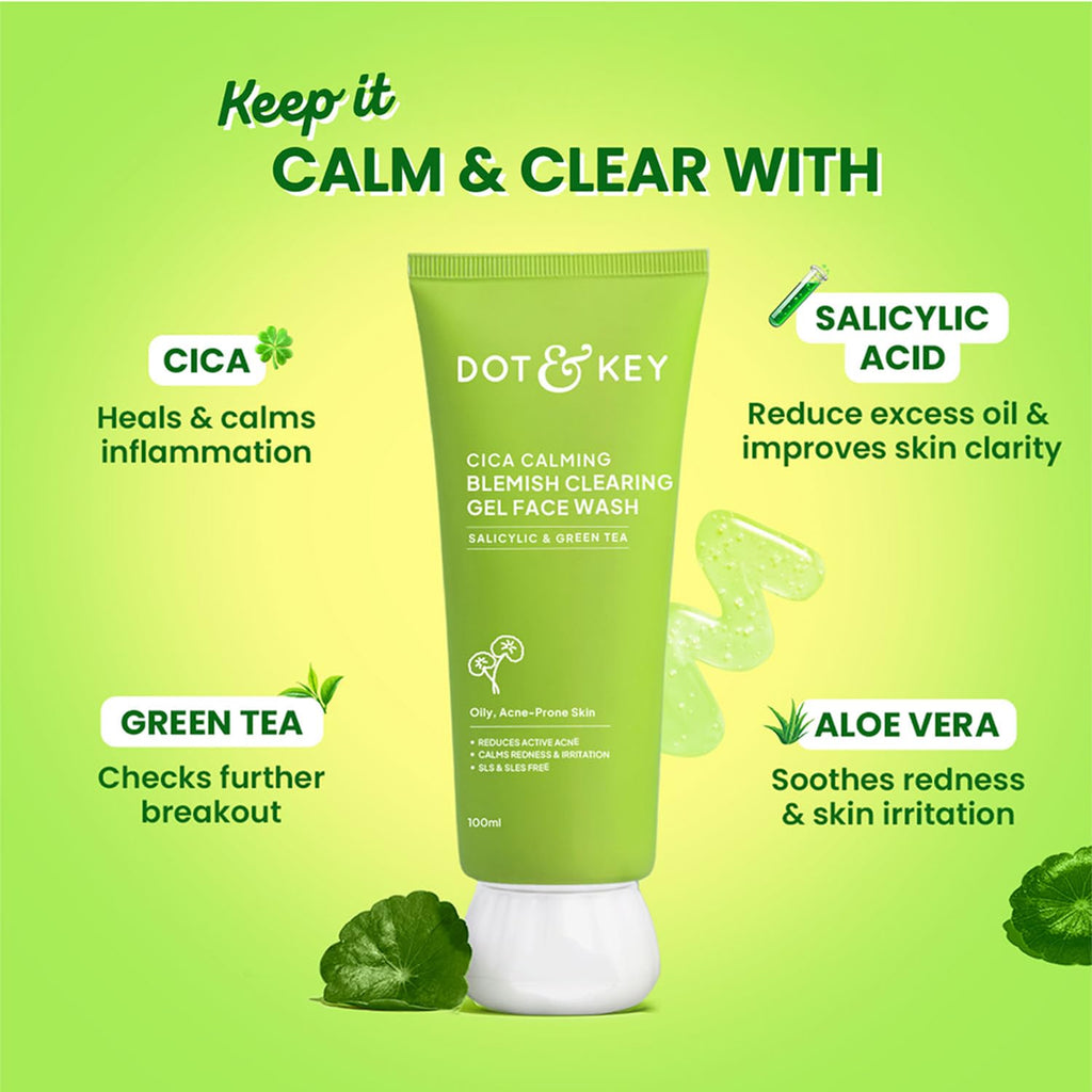 Dot & Key Cica Calming Skincare Combo | Cleanser 100ml, Serum 30ml, Night Gel 60ml, Sunscreen 50g