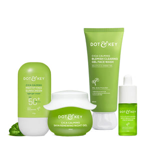Dot & Key Cica Calming Skincare Combo | Cleanser 100ml, Serum 30ml, Night Gel 60ml, Sunscreen 50g