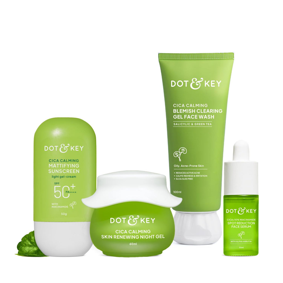Dot & Key Cica Calming Skincare Combo | Cleanser 100ml, Serum 30ml, Night Gel 60ml, Sunscreen 50g