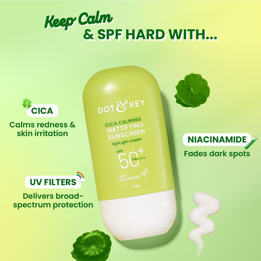 Dot & Key Cica Calming Skincare Combo | Cleanser 100ml, Serum 30ml, Night Gel 60ml, Sunscreen 50g