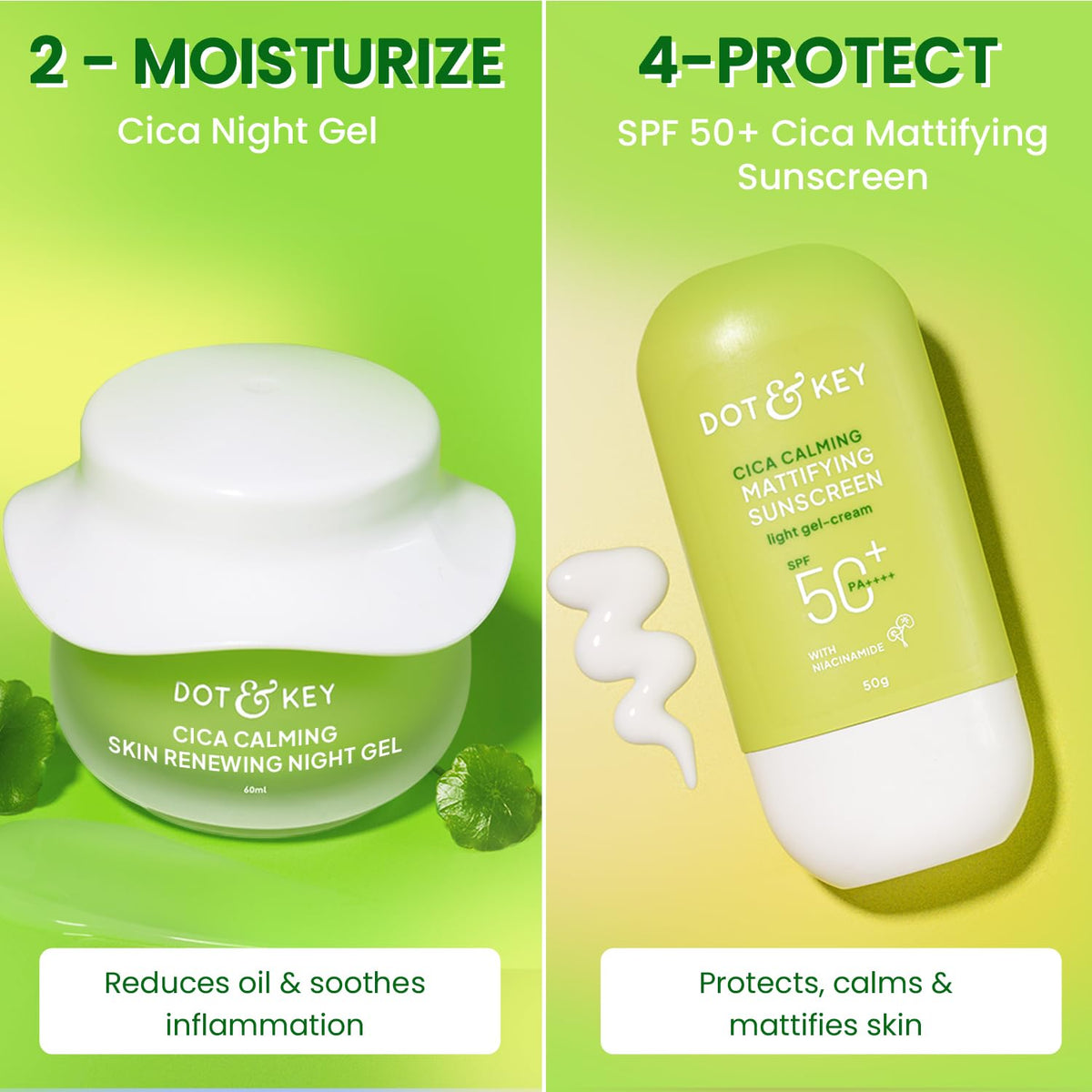 Dot & Key Cica Calming Skincare Combo | Cleanser 100ml, Serum 30ml, Night Gel 60ml, Sunscreen 50g