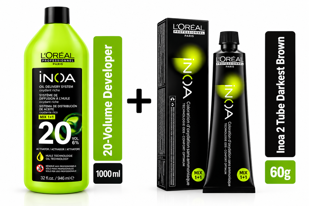 Loreal Inoa Hair Color 60G Shade 2 Darkest Brown + Developer 1000ml Combo