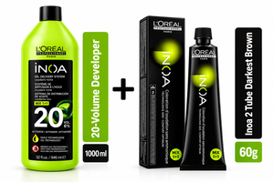 Loreal Inoa Hair Color 60G Shade 2 Darkest Brown + Developer 1000ml Combo