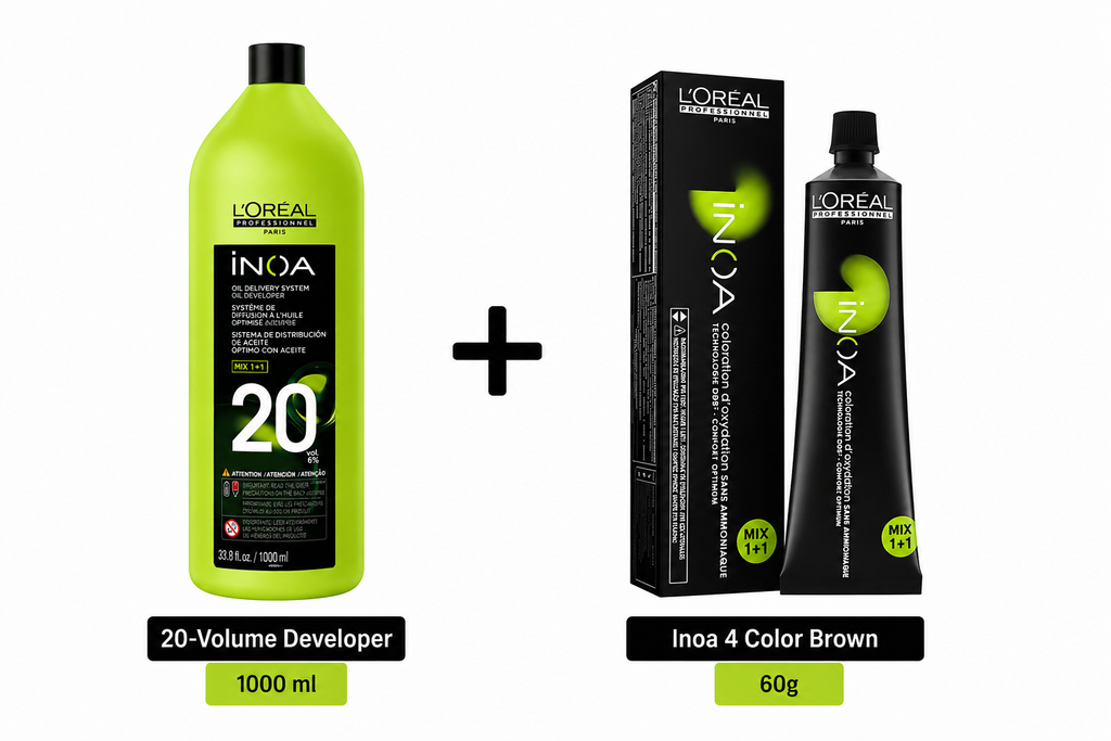Loreal Inoa Hair Color 60G Shade 4 Brown + Developer 1000ml Combo