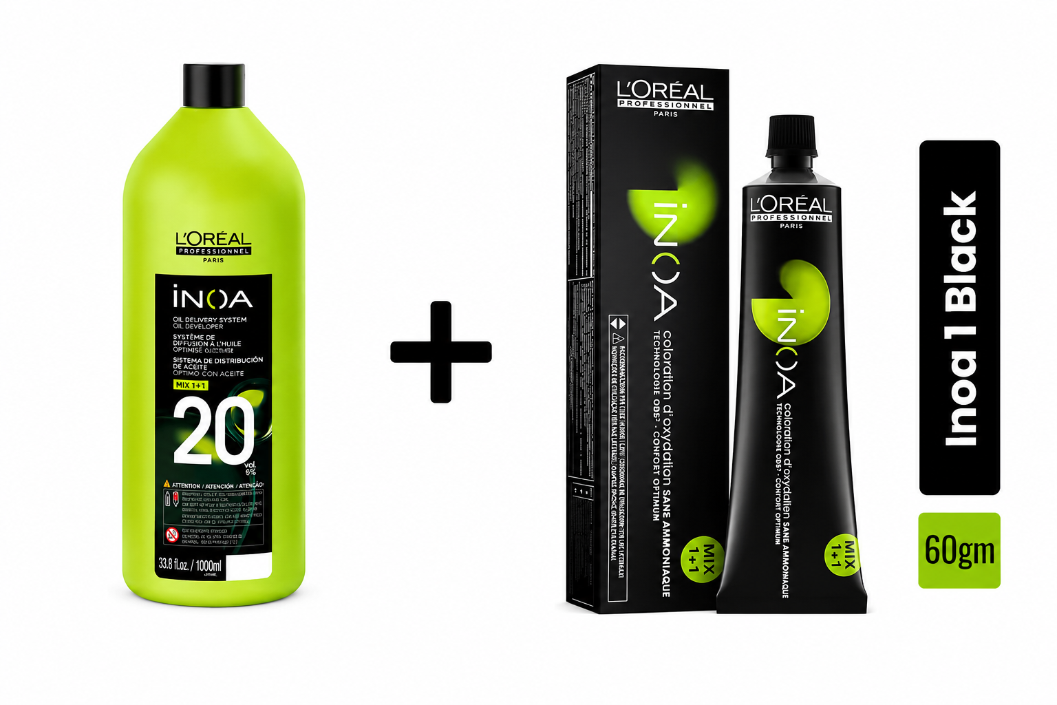Loreal Inoa Hair Color 60G Shade 1 Black + Developer 1000ml Combo