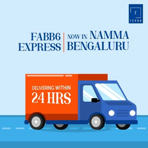 Blue and orange delivery truck with text 'FABB6 Now in Namma Bengaluru' on a blue background