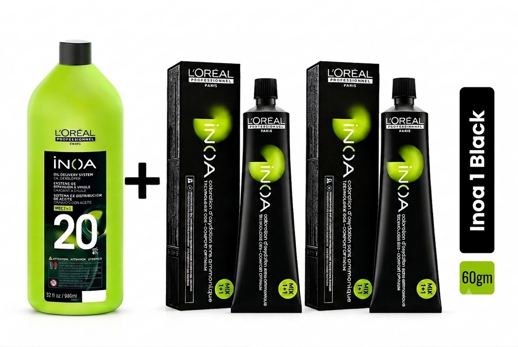 Loreal Inoa Hair Color 60G Shade-1 Black (2 Tubes + Developer 1000ml Combo)