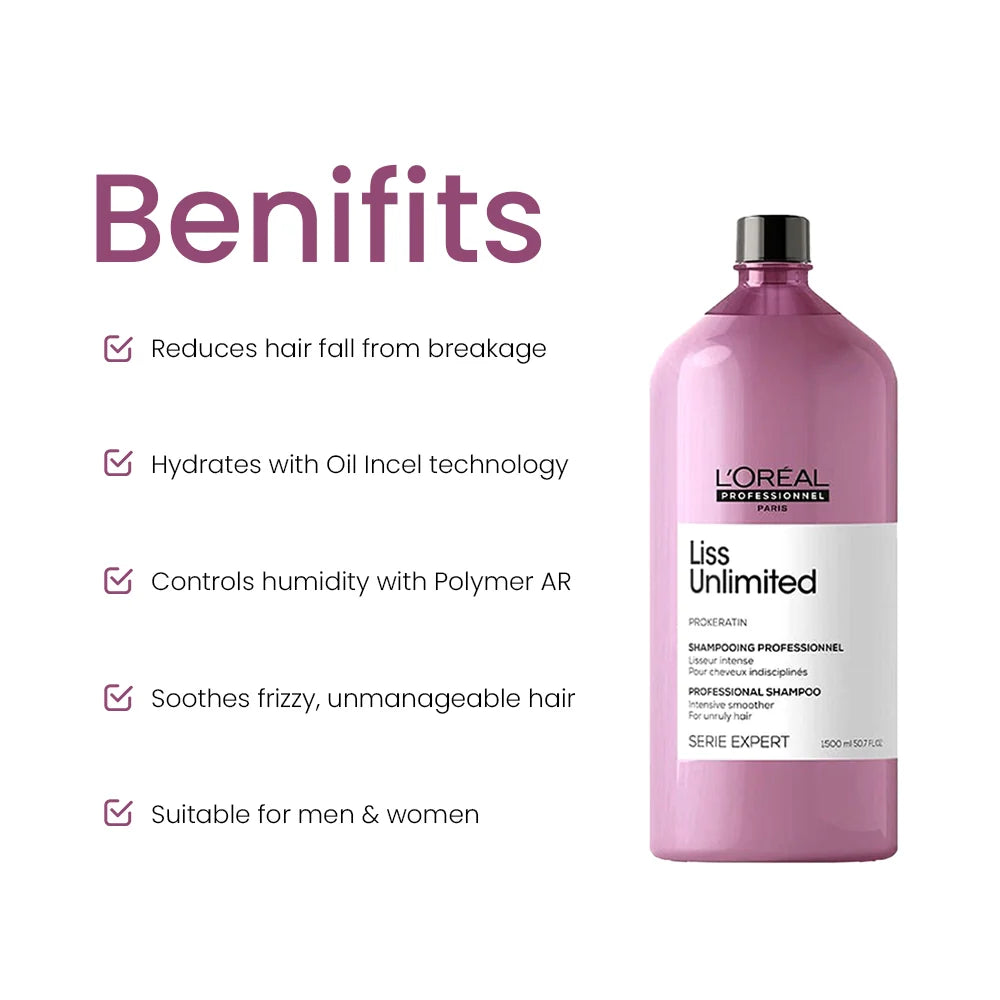 Loreal Paris Paris Professionnel Liss Unlimited Shampoo 1.5Ltr + Liss Unlimited Masque 490gm Combo