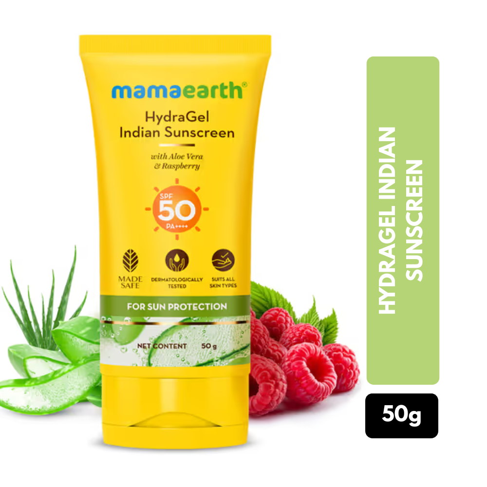 Mamaearth HydraGel Indian Sunscreen SPF 50 With Aloe Vera & Raspberry For Sun Protection, 50 g