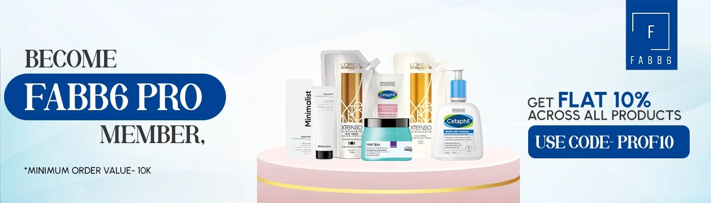 FAB6 skincare products on a pink platform with promotional text for becoming a member and using a code.