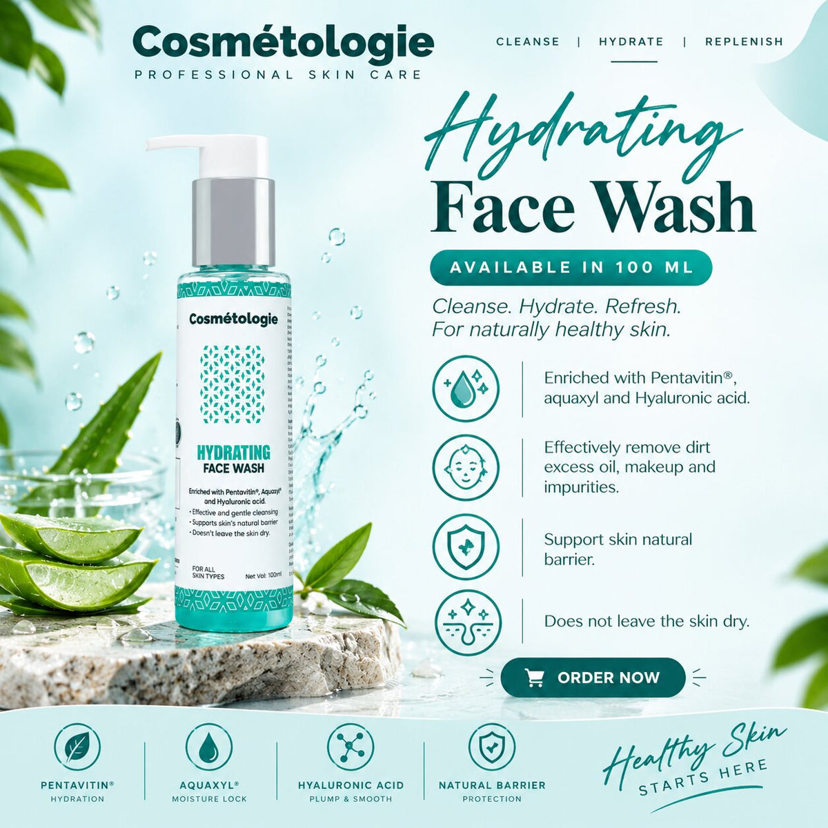 Cosmetologie Hydrating Face Wash I Pentavitin, Aquaxyl and Hyaluronic acid- 100ml