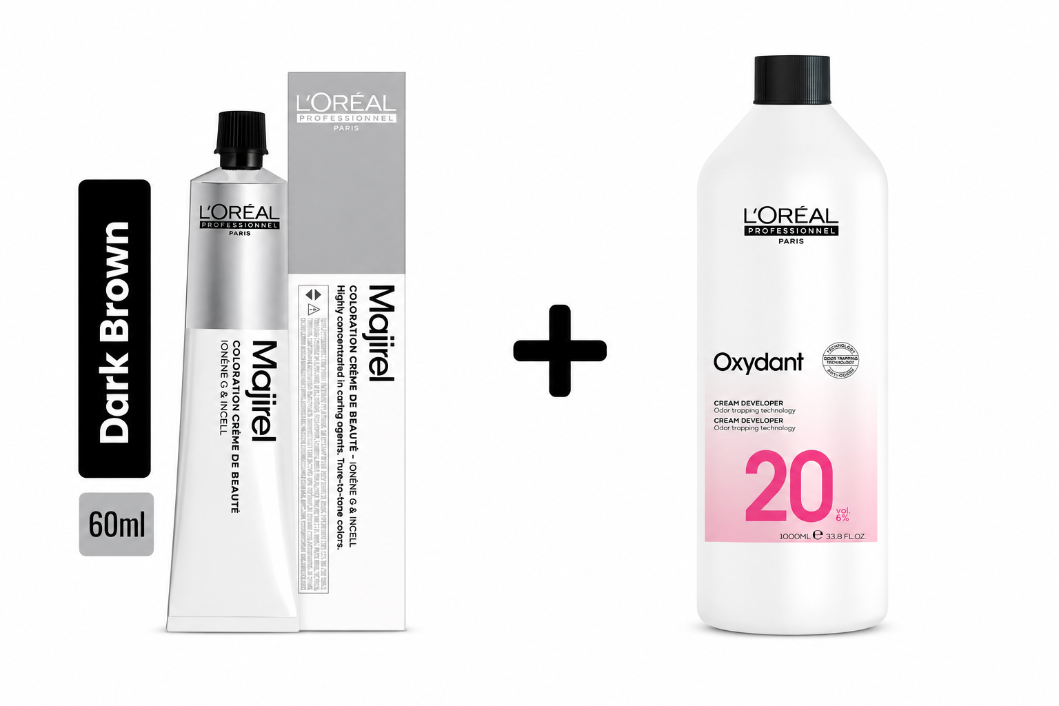 Loreal Majirel Hair Color 60ml  Shade 1 Dark Brown + Developer 1000ml Combo