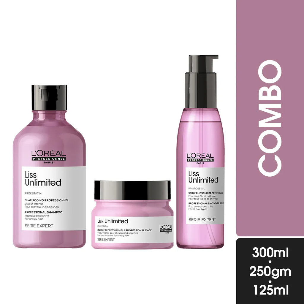 Loreal Professionnel Liss Unlimited Shampoo, Hair Mask & Hair Serum Combo