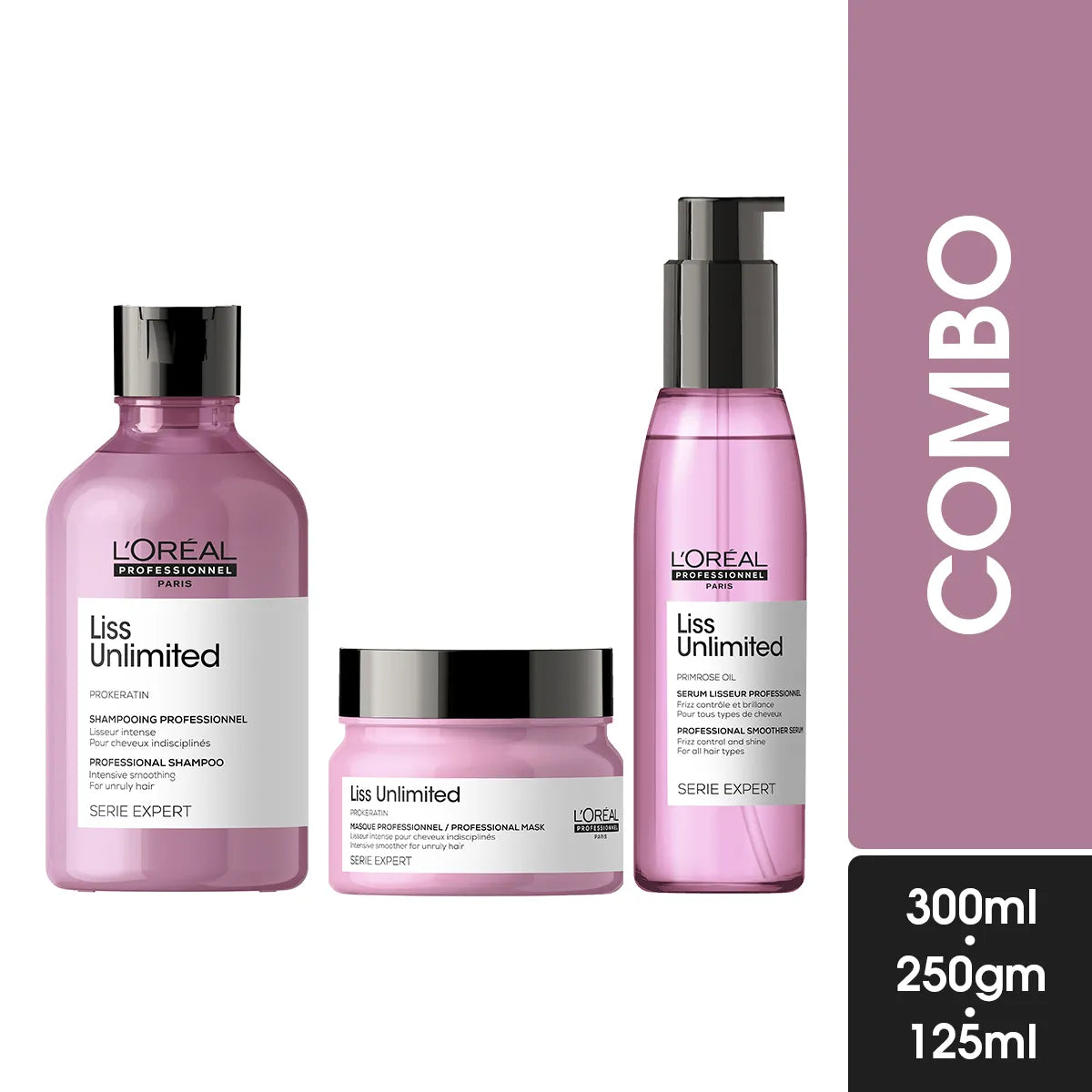 Loreal Professionnel Liss Unlimited Shampoo, Hair Mask & Hair Serum Combo